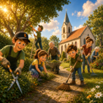 Plakat Grünpflege auf dem Außengelände rund um die Kirche