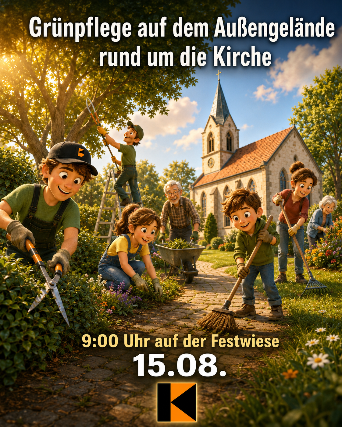 Plakat Grünpflege auf dem Außengelände rund um die Kirche