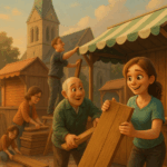 Menschen, die Buden abbauen.