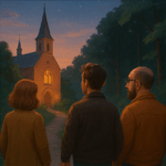 Drei Menschen, die einen Abendspaziergang machen