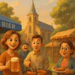 Menschen auf einem Richtfest mit Bier und Würstchen