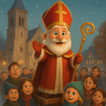 Der Nikolaus, der mit Familien durch die Straßen zieht