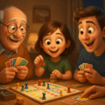 Drei Personen, die Gesellschaftsspiele spielen