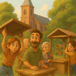 Menschen, die Buden aufbauen